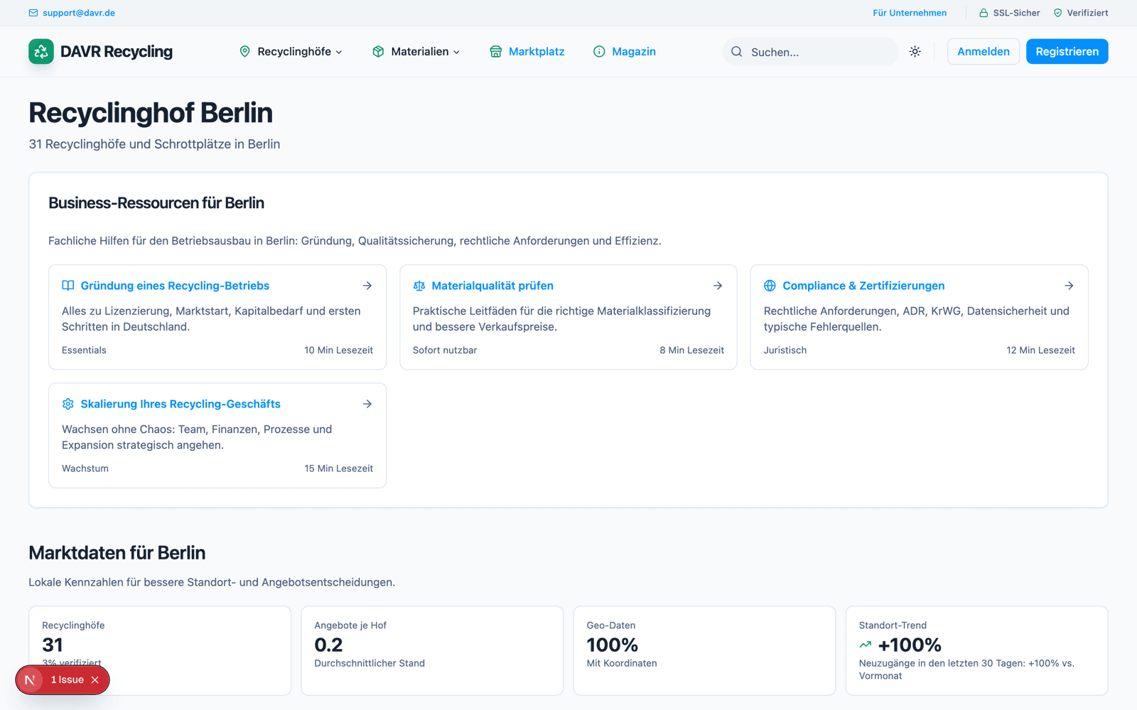Stadtseite „Recyclinghof Berlin“ mit Business-Ressourcen und lokalen Marktdaten