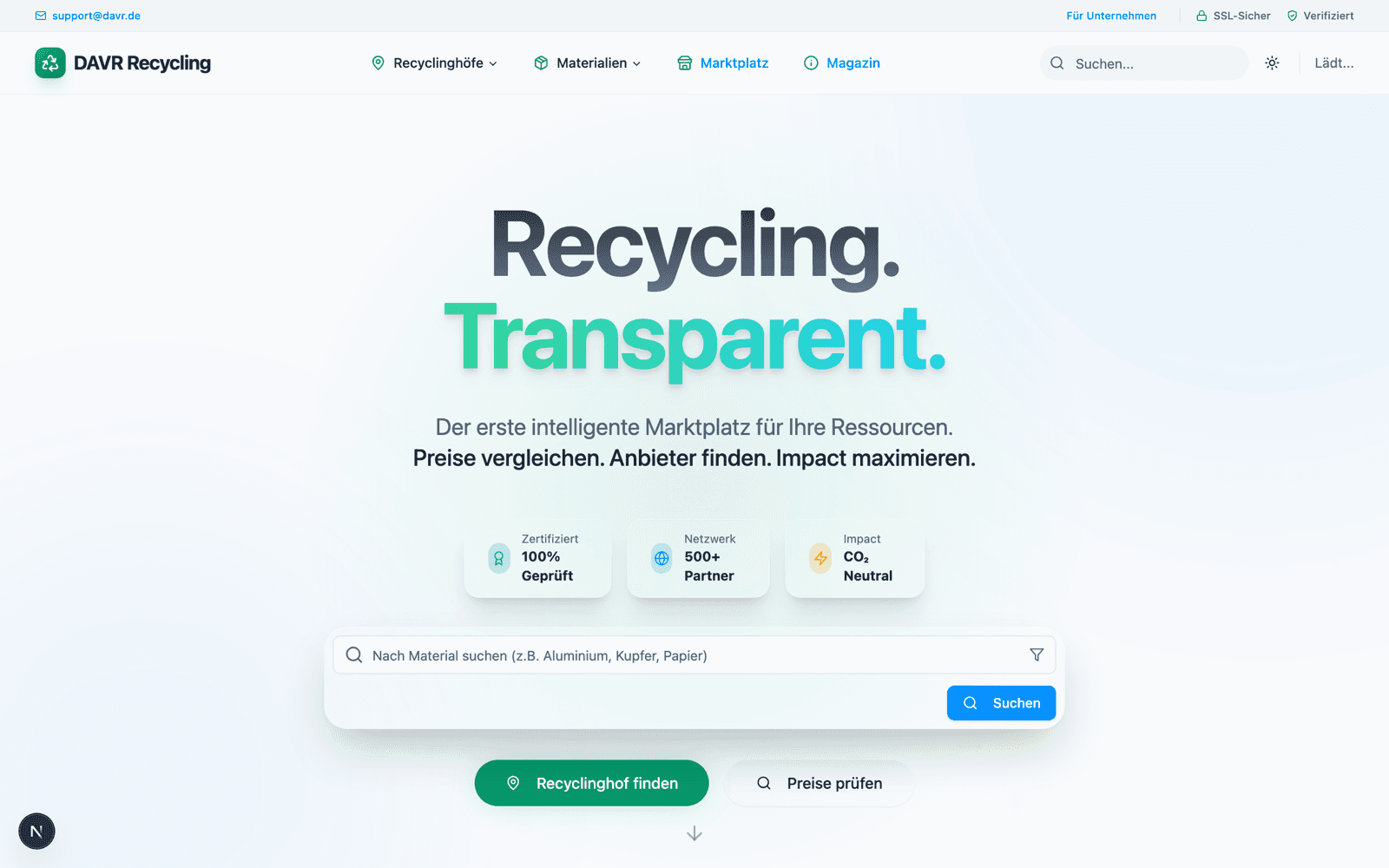 Startseite von DAVR Recycling mit Materialsuche und Einstiegs-Buttons