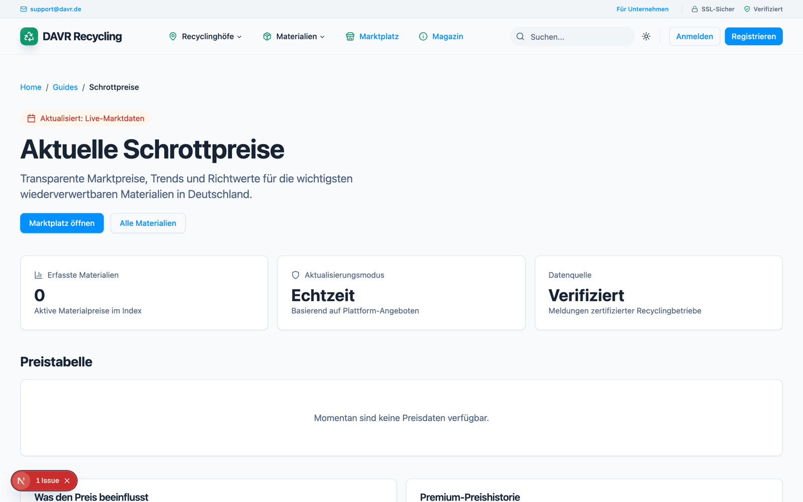 Seite mit aktuellen Schrottpreisen und Marktdaten